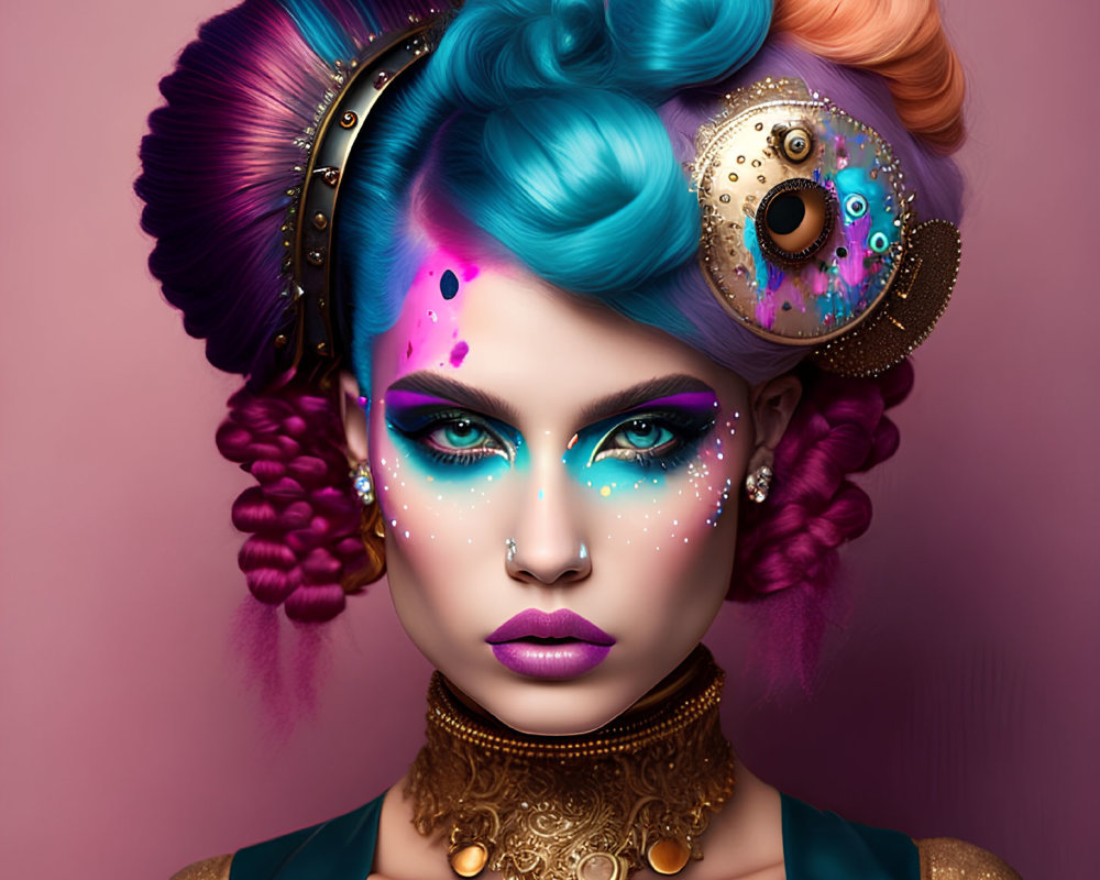 Colorful portrait of a woman with blue and pink hair and vibrant makeup