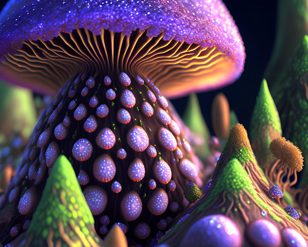 Colorful digital artwork: Fantasy scene with oversized mushrooms and textured vegetation