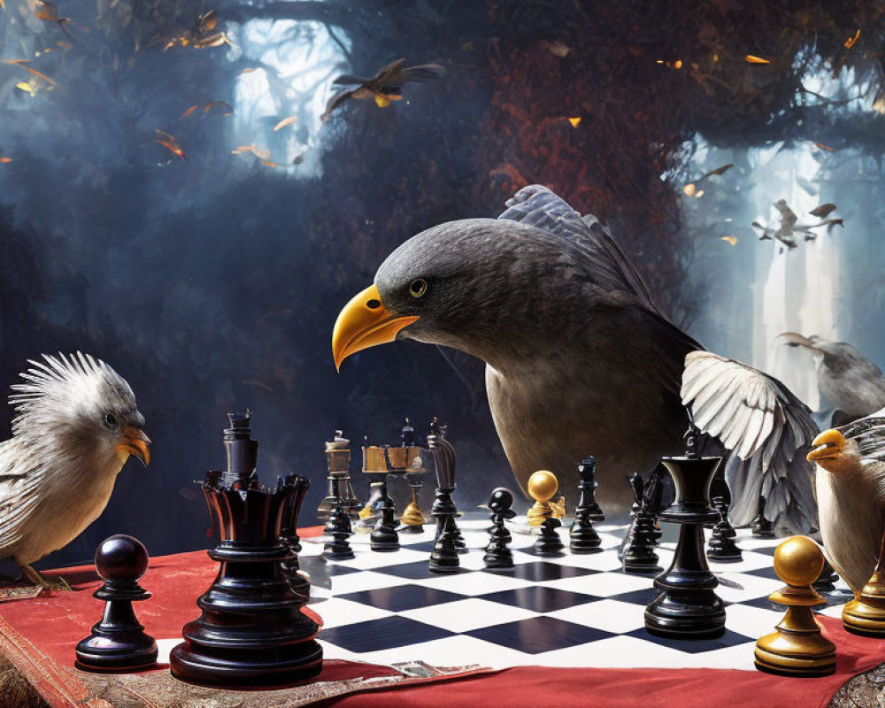 Anthropomorphic birds play chess in mystical forest setting