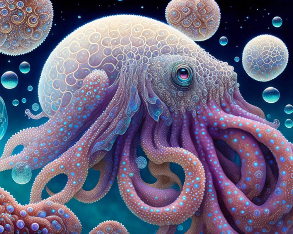 Colorful Octopus Illustration with Intricate Patterns and Marine Background