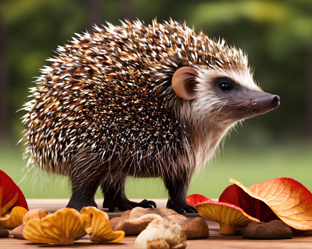 Autumn Hedgehog Surrounded by Leaves and Nuts