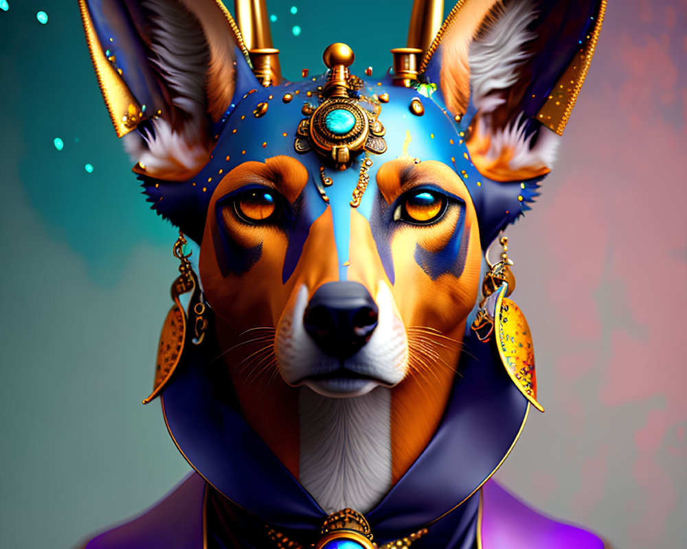 Anthropomorphic Dog Art with Ornate Jewelry and Cosmic Body Art