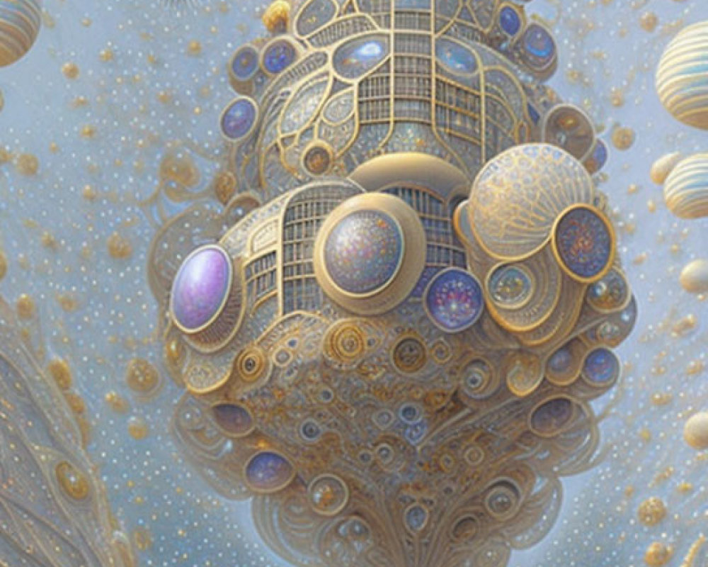 Whimsical ornate tower with floating spheres in celestial dreamlike setting