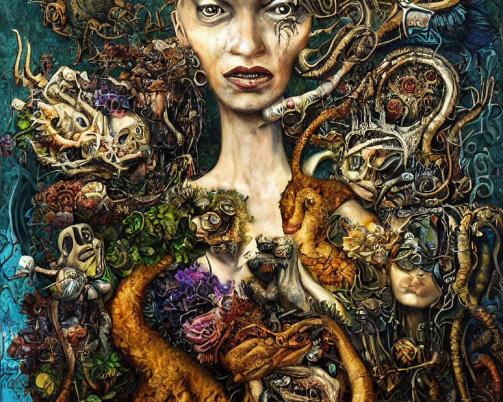 Intricate surreal portrait with female figure and dark motifs