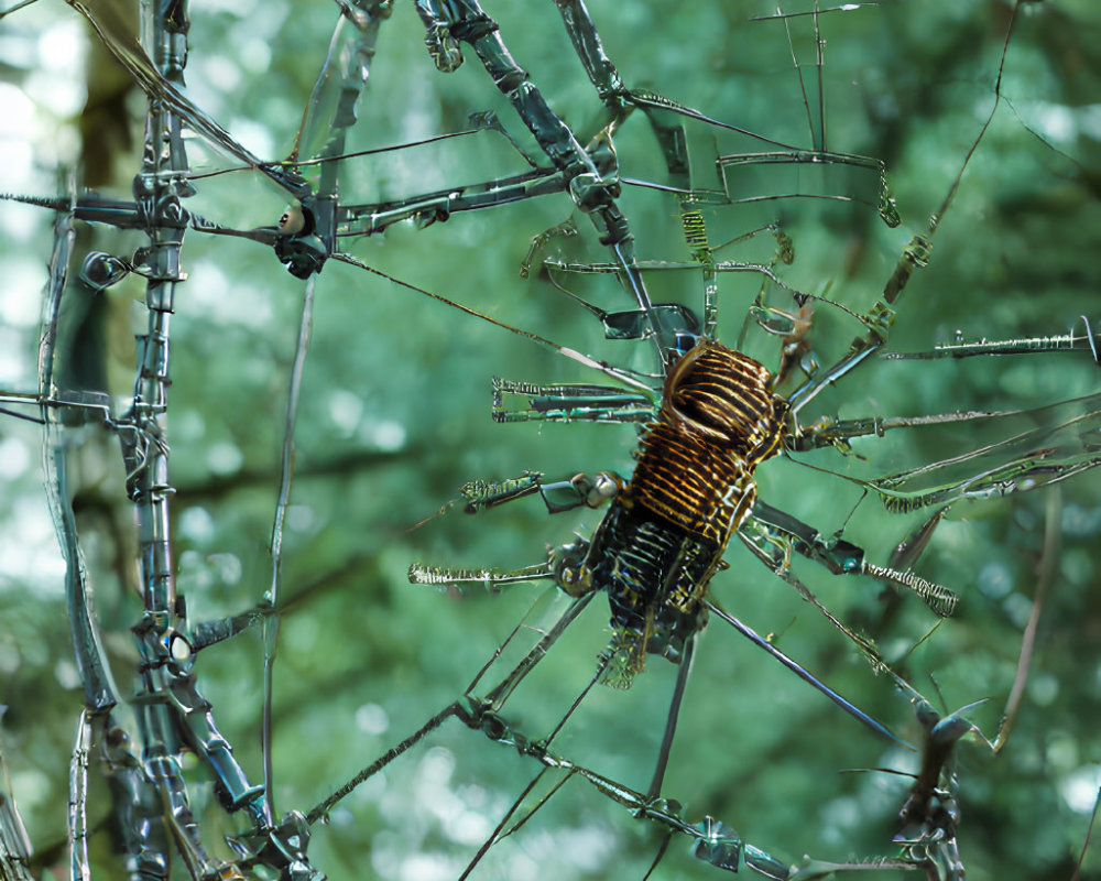 Intricate metalwork spider on web in forest - detailed craftsmanship & industrial aesthetic