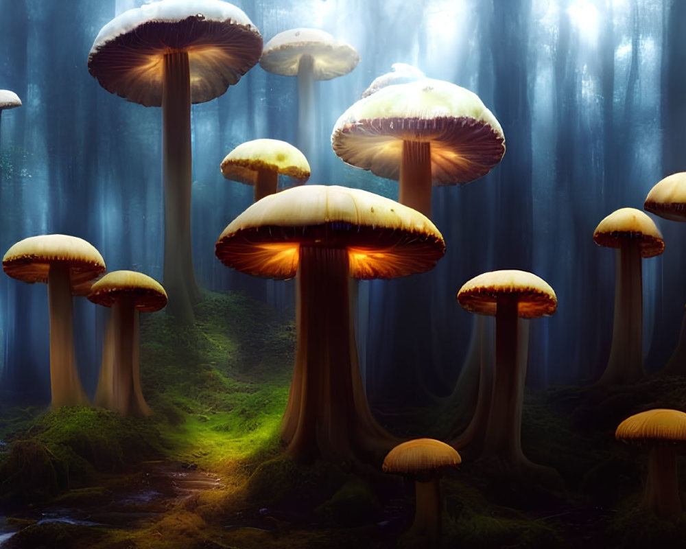 Enchanting forest with oversized glowing mushrooms