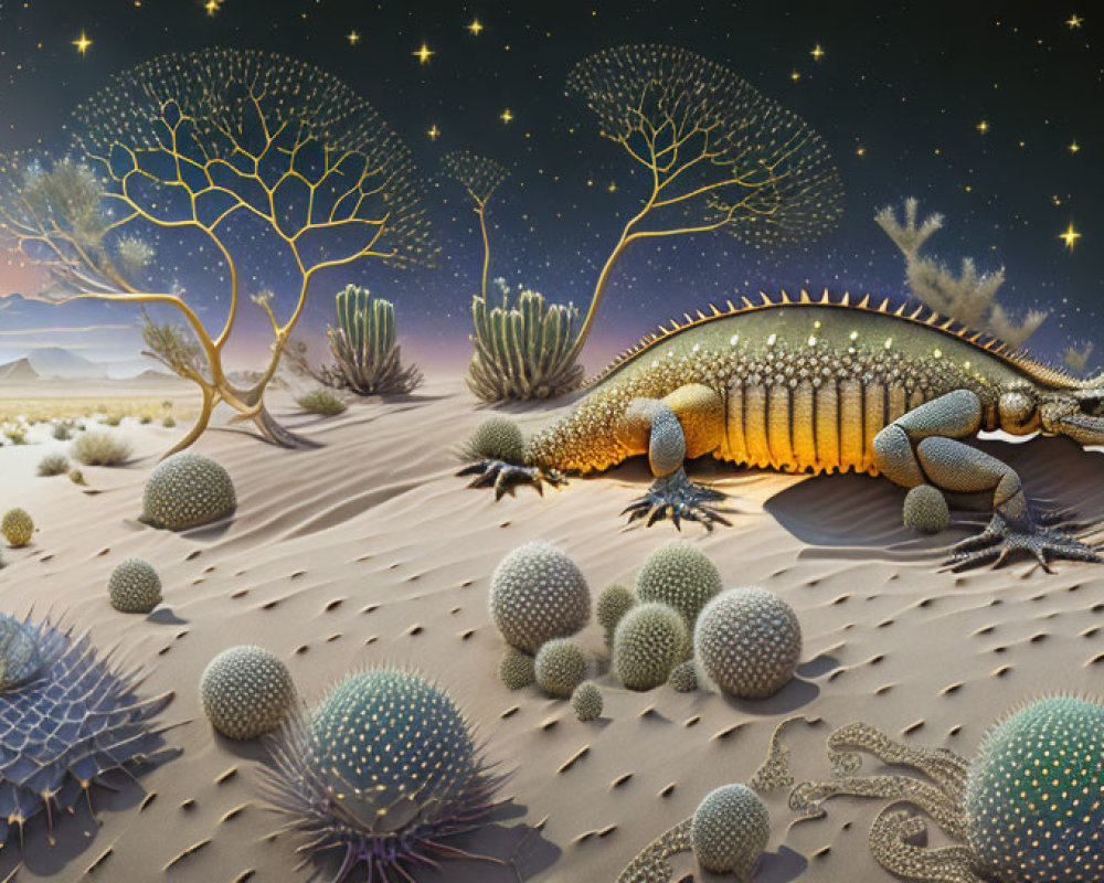 Surreal desert landscape with fantastical lizard at twilight