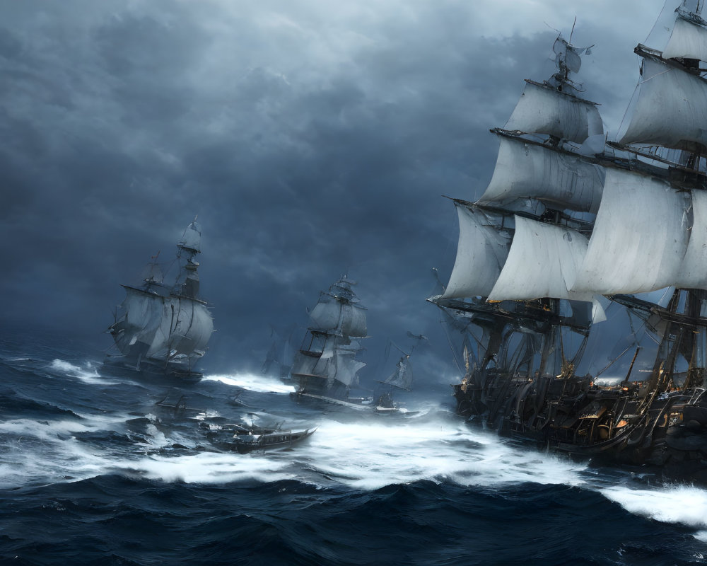 Tall ships with billowing sails on dark blue ocean under stormy sky