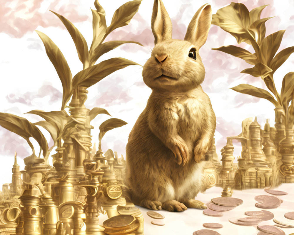 Large anthropomorphic rabbit surrounded by gold coins and towering plants in fantasy setting