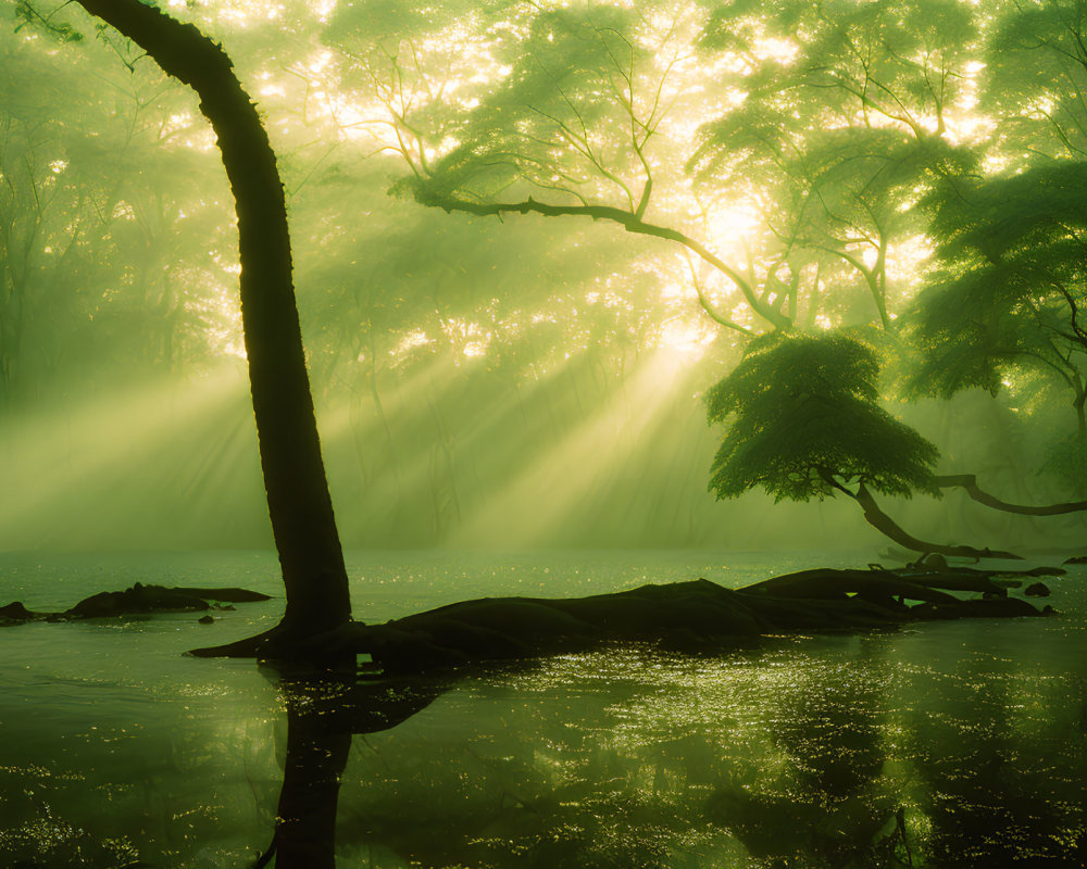 Misty green forest with sunlight beams and serene water