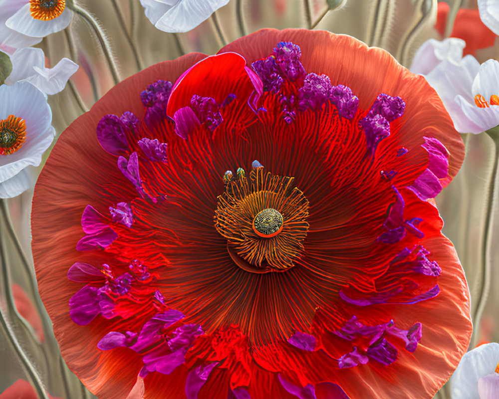 Detailed red poppy among white poppies in soft focus background