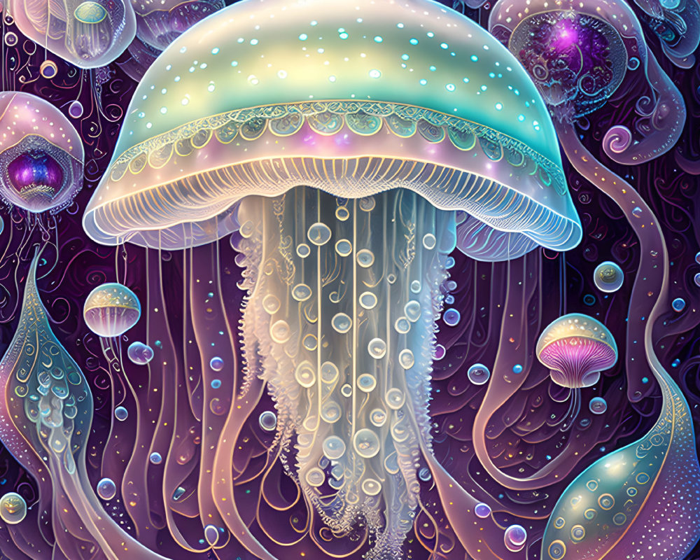 Colorful Fantastical Jellyfish Illustration with Glowing Tentacles