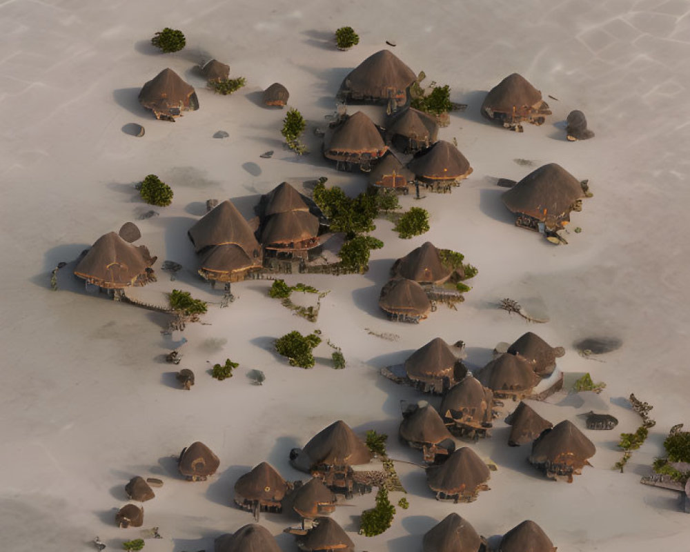 Thatched-Roof Huts Clustered on Sandy Beach