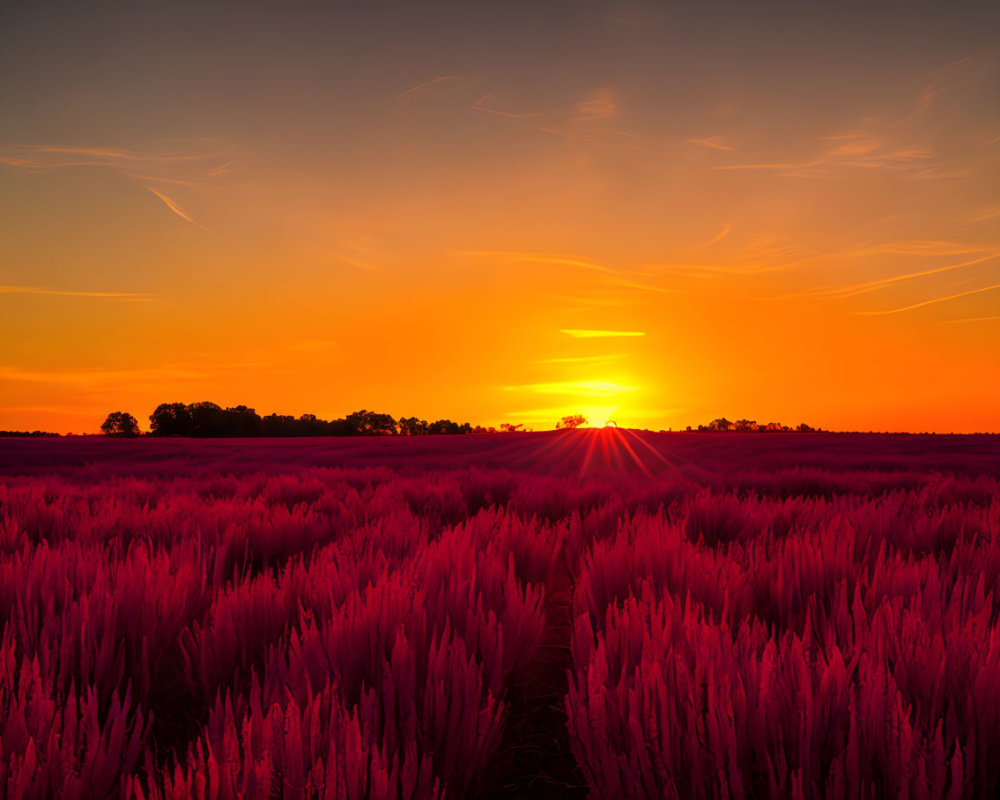 Radiant orange sunset over crimson crop field