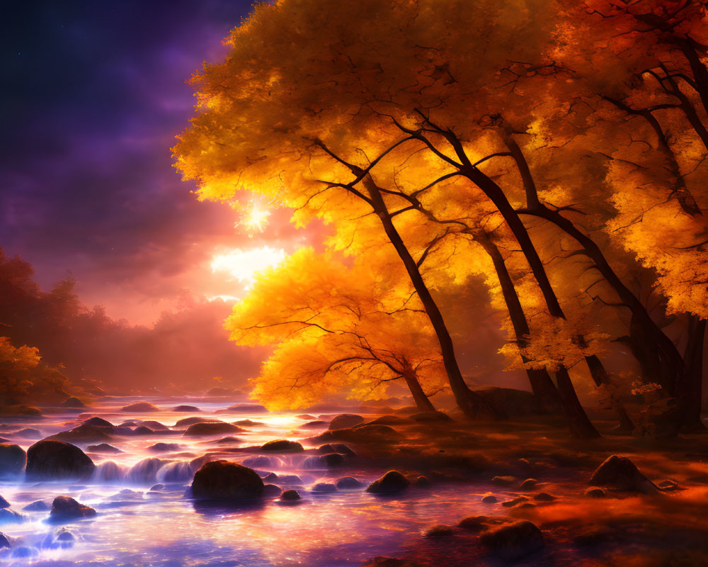 Vibrant autumn forest with golden foliage, misty river, purple starry sky.