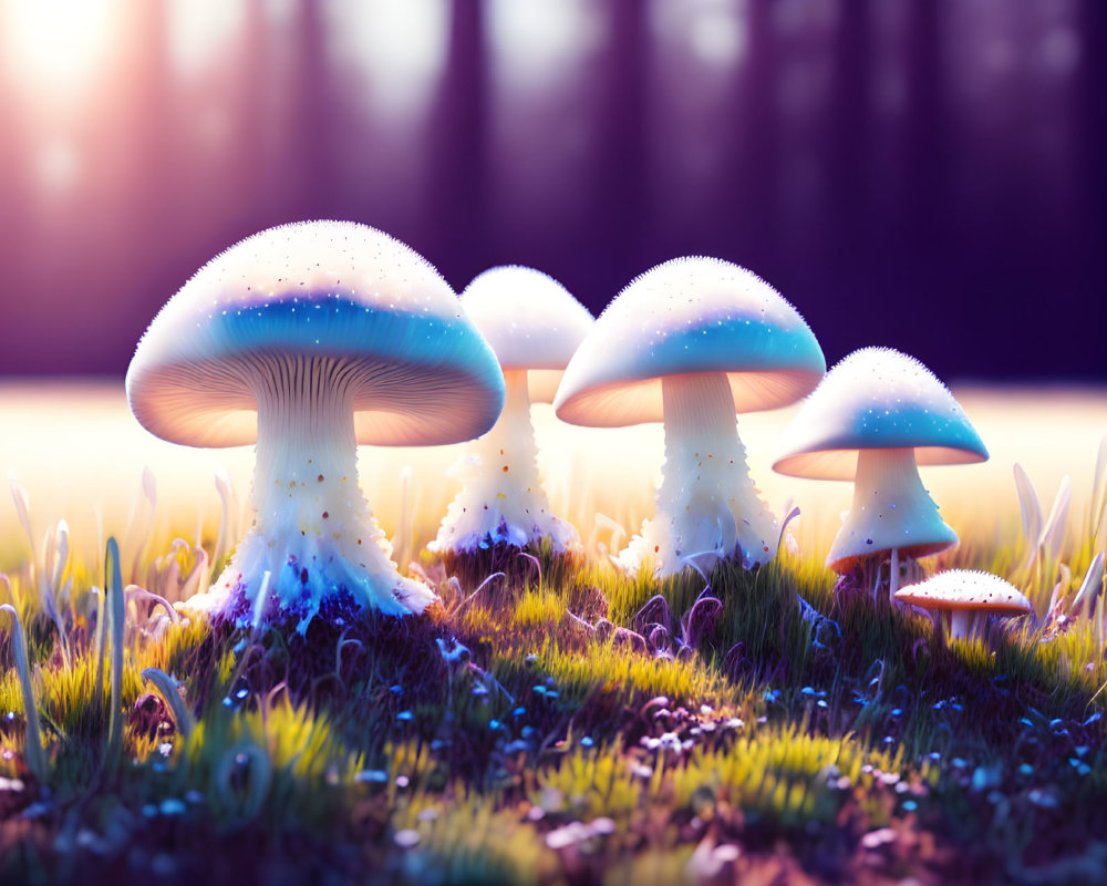 Stylized glowing mushrooms in forest setting at dusk