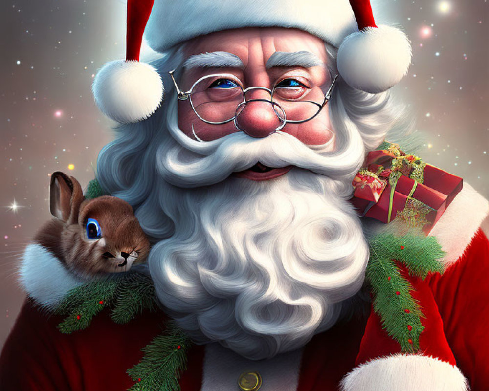 Detailed Santa Claus illustration with red hat, white beard, glasses, holding a gift, with bunny on