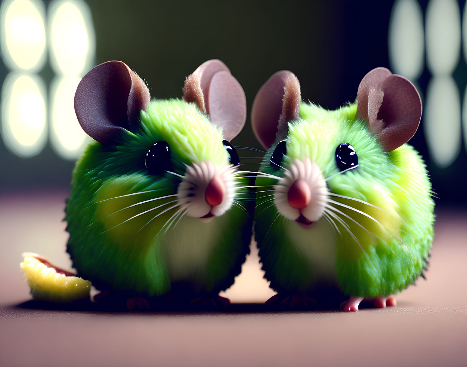 Stylized 3D-rendered mice with vibrant green fur and oversized ears nibbling on cheese