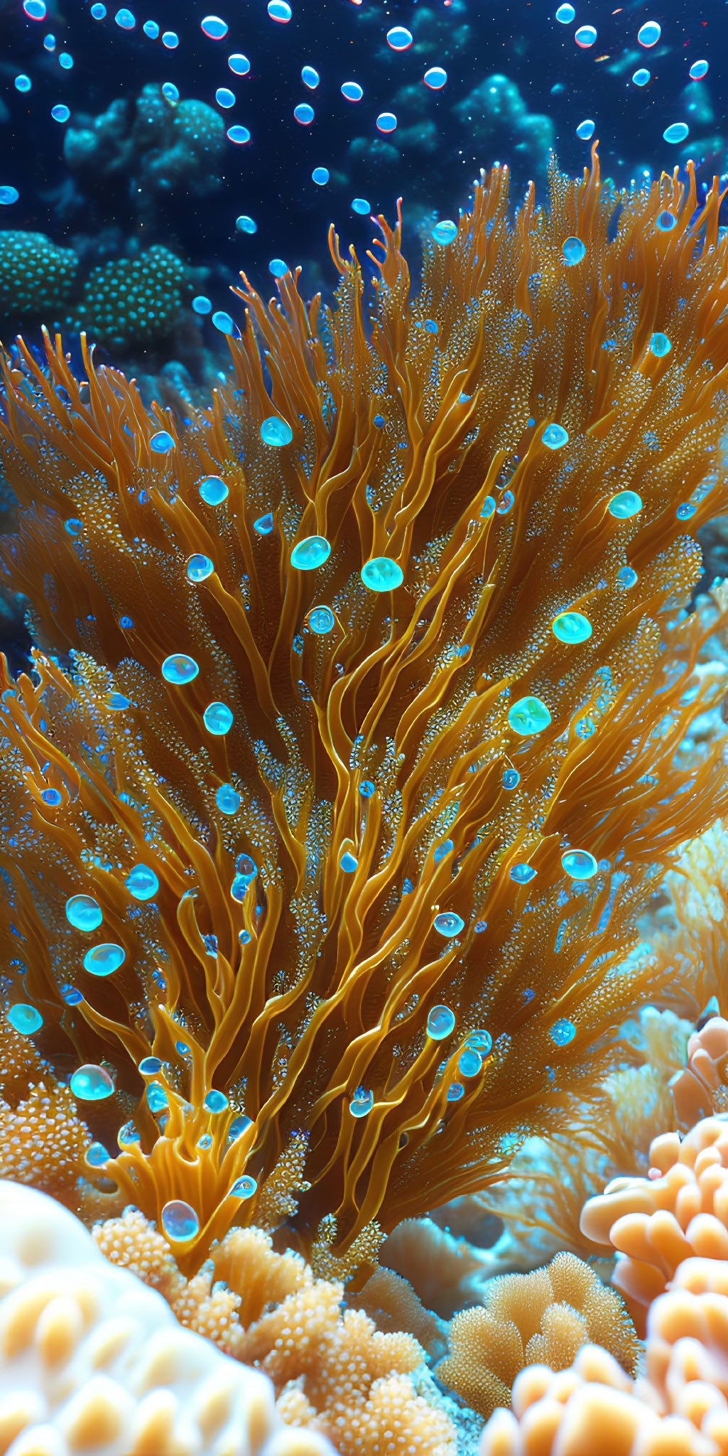 Colorful Underwater Scene with Orange Sea Anemone, Coral Reefs, and Blue Fish