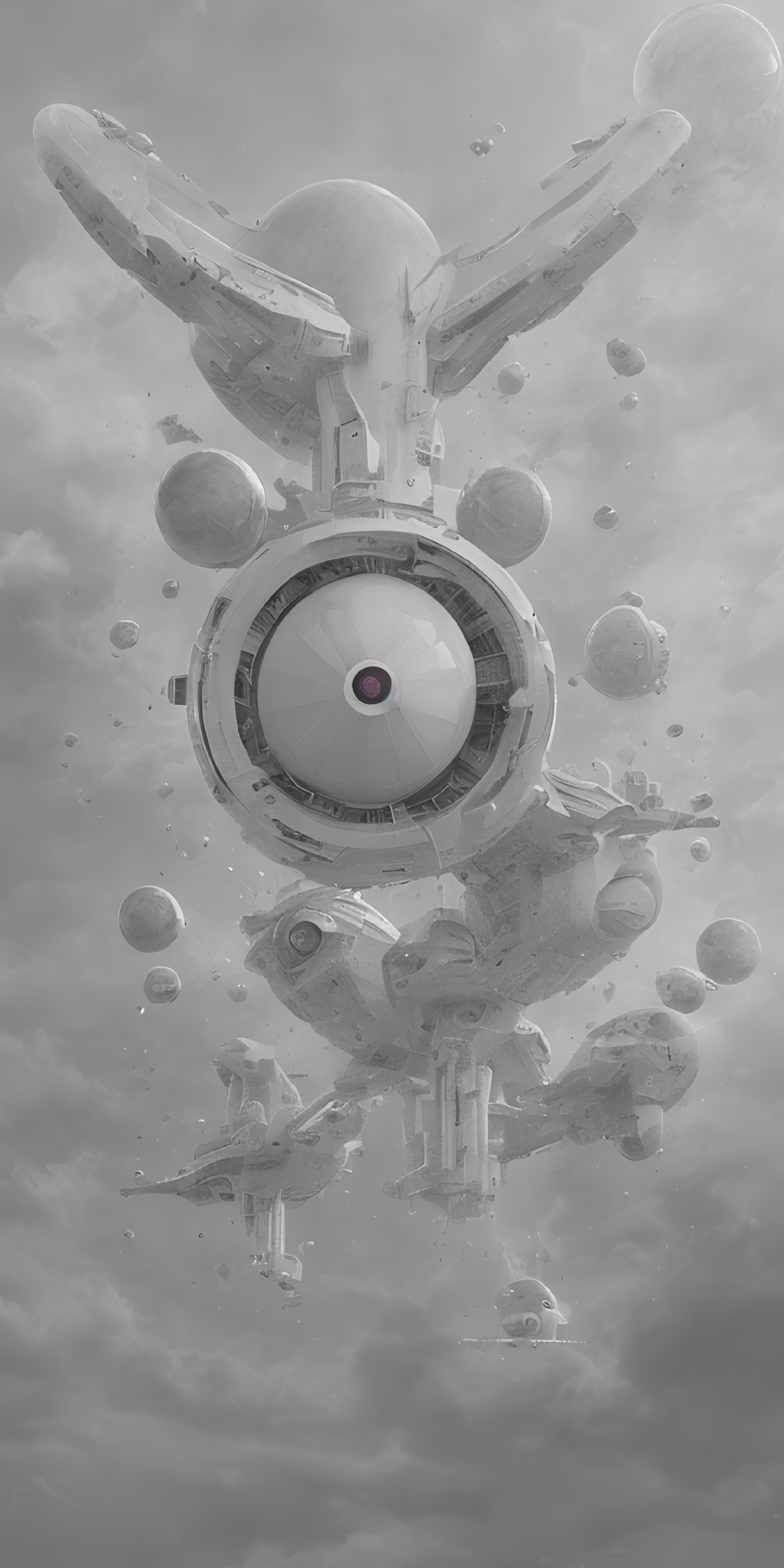 Grayscale futuristic city with floating spheres and eye-like building