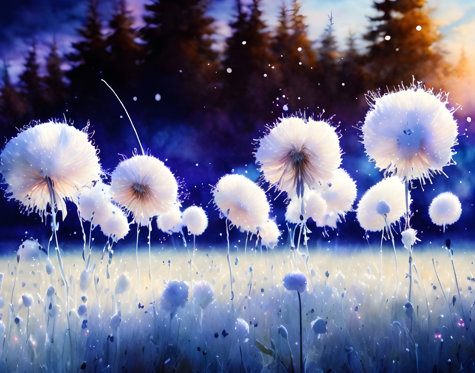 Fluffy white dandelion-like flowers in twilight with silhouetted pine trees