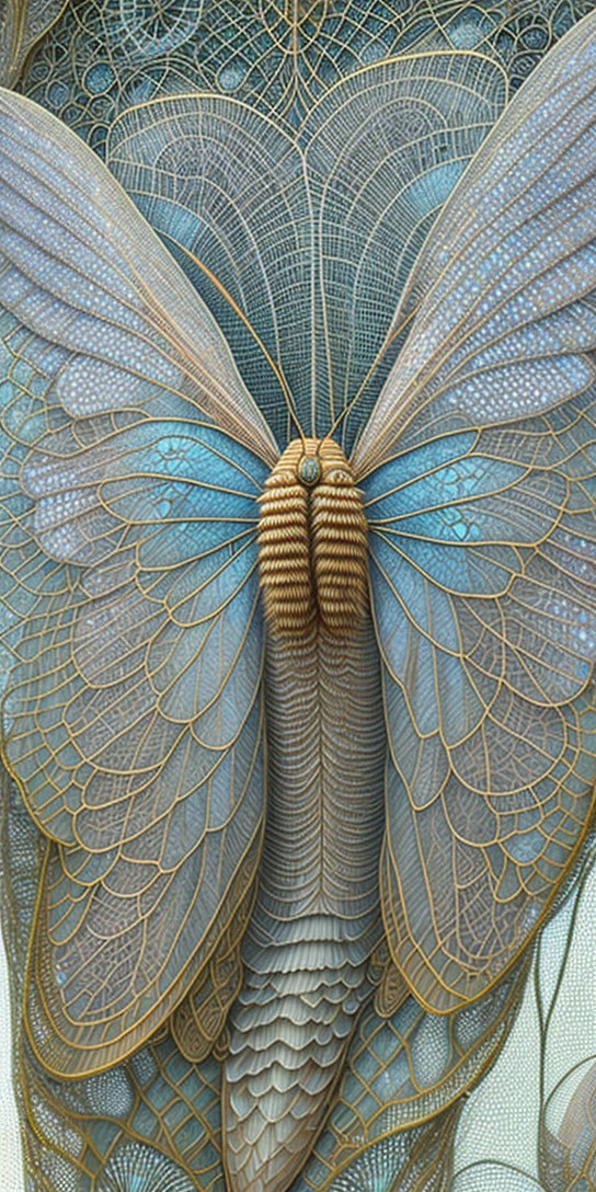 Detailed blue and gold moth art on textured background