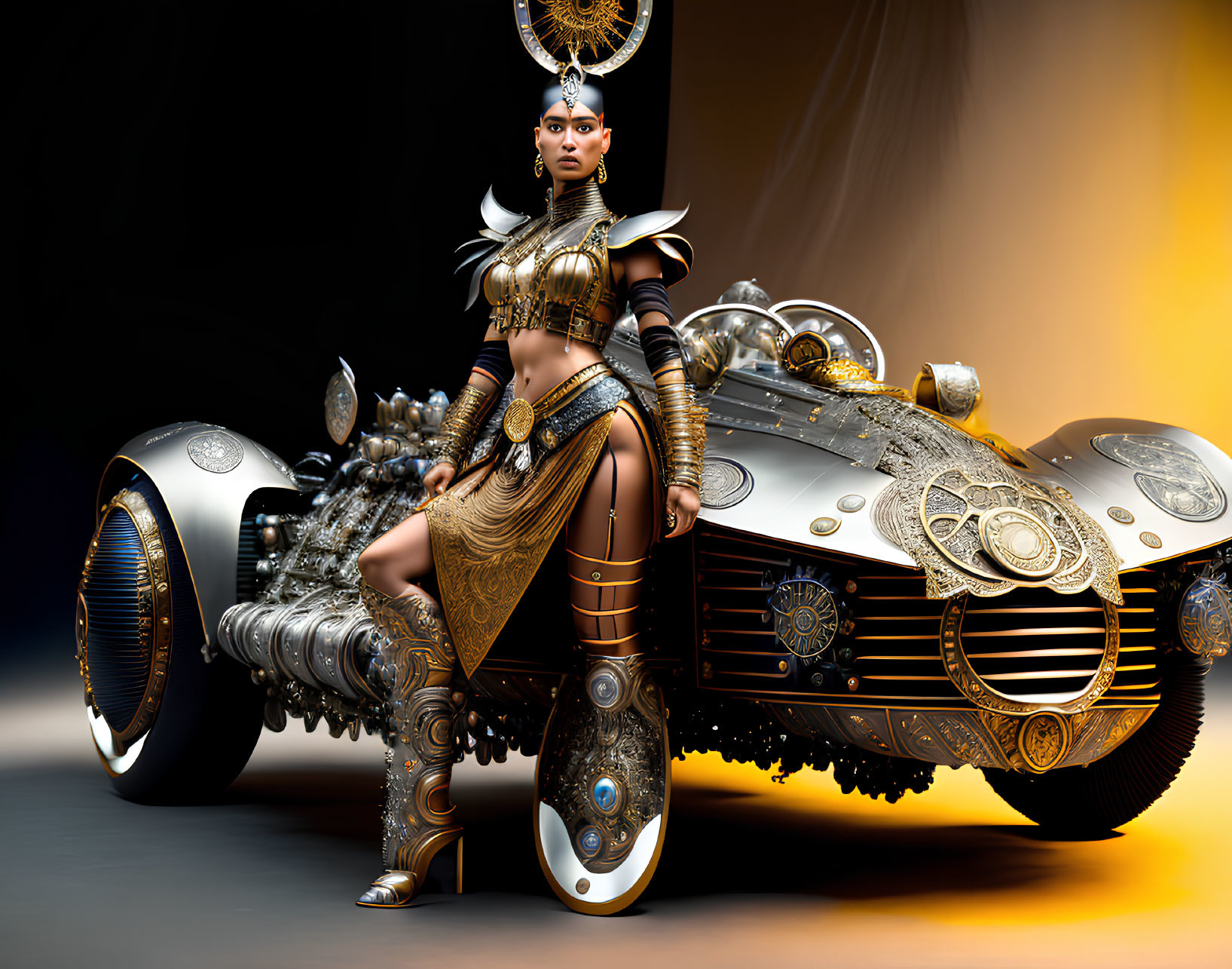 Futuristic warrior woman in golden armor on steampunk motorcycle