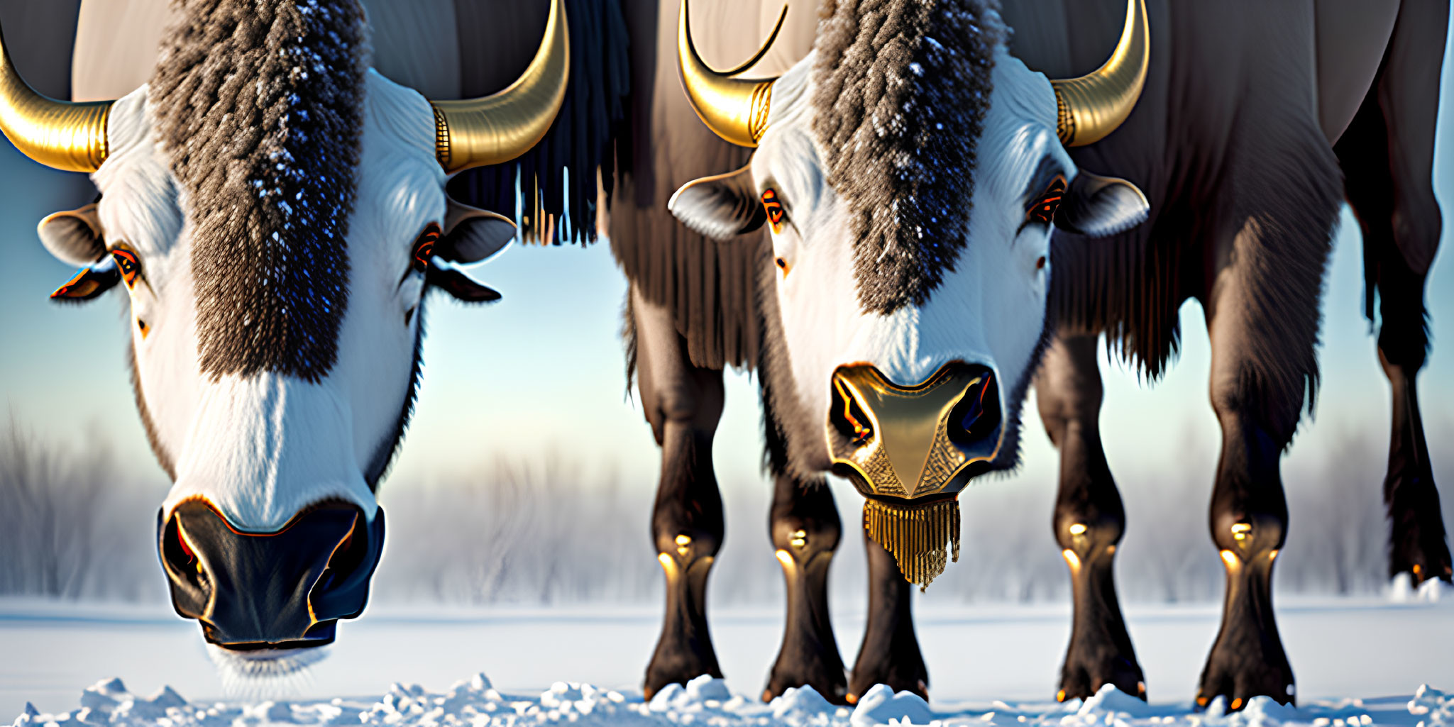 Illustrated Yak-Like Animals with Fluffy Coats and Horns in Snowy Landscape