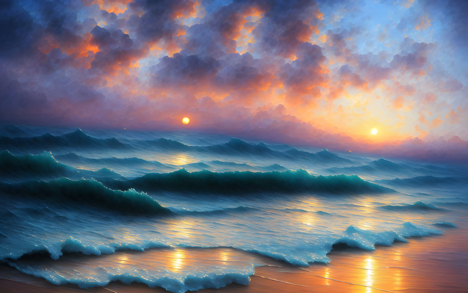 Dramatic sunset seascape with reflective sky and rolling waves