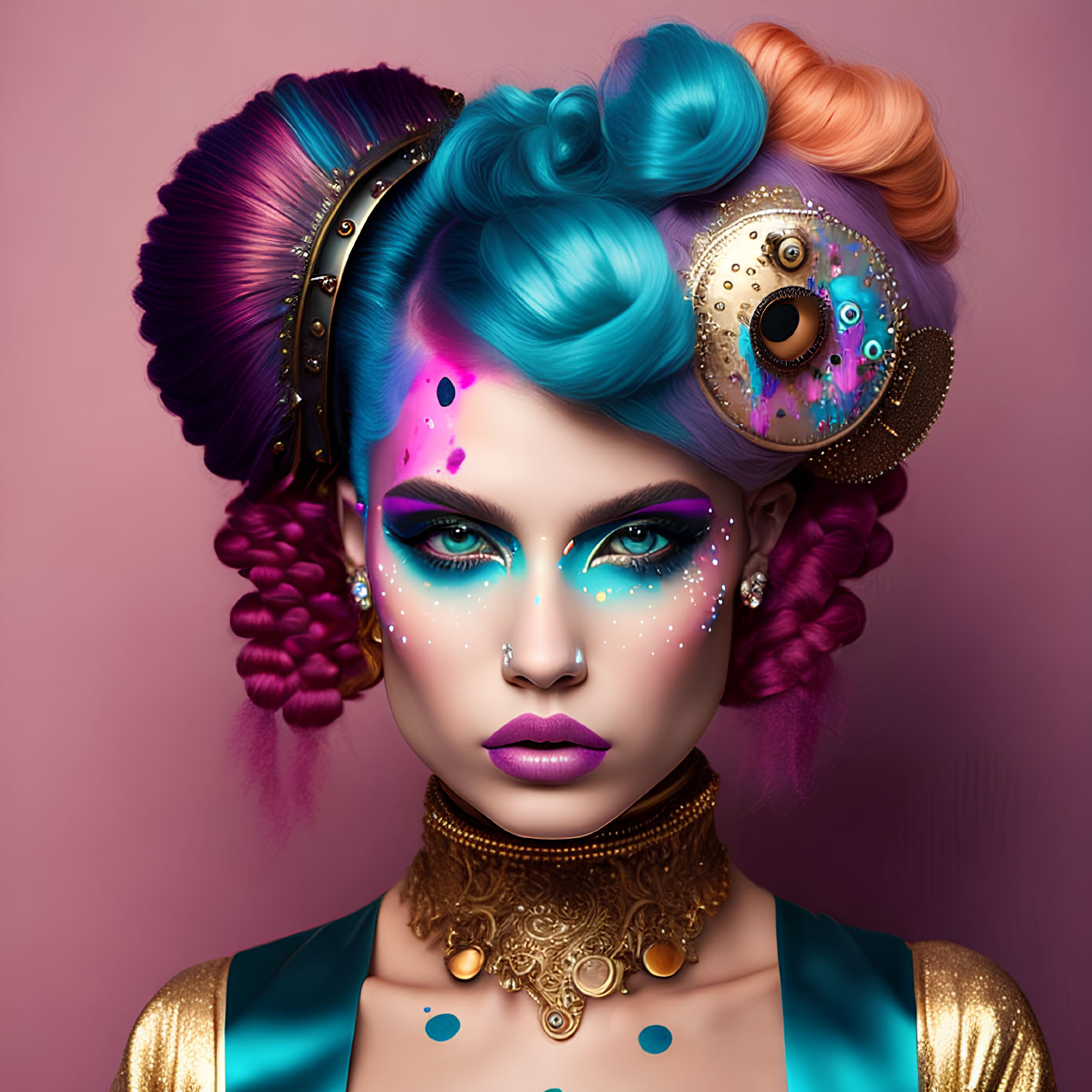 Colorful portrait of a woman with blue and pink hair and vibrant makeup