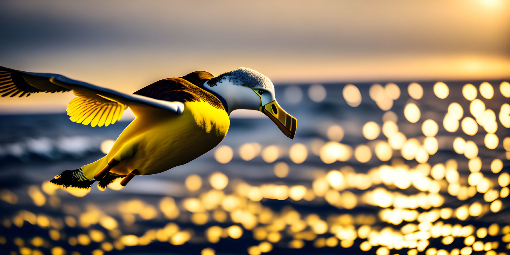 Brown pelican in flight over ocean at sunset with glistening water