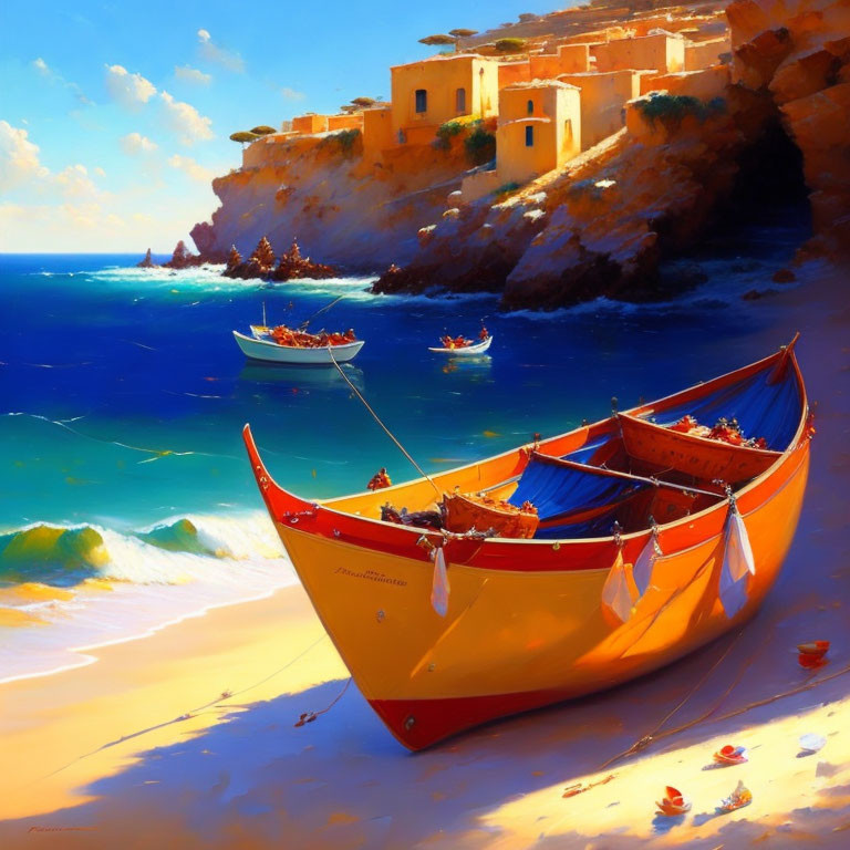 Sunny beach painting: yellow boat, clear water, cliffs, buildings