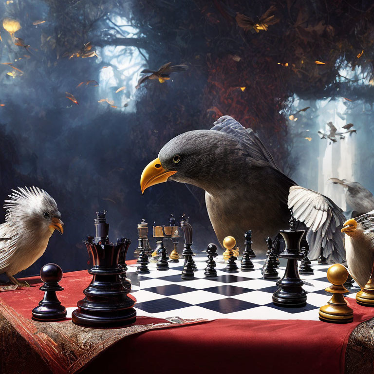 Anthropomorphic birds play chess in mystical forest setting