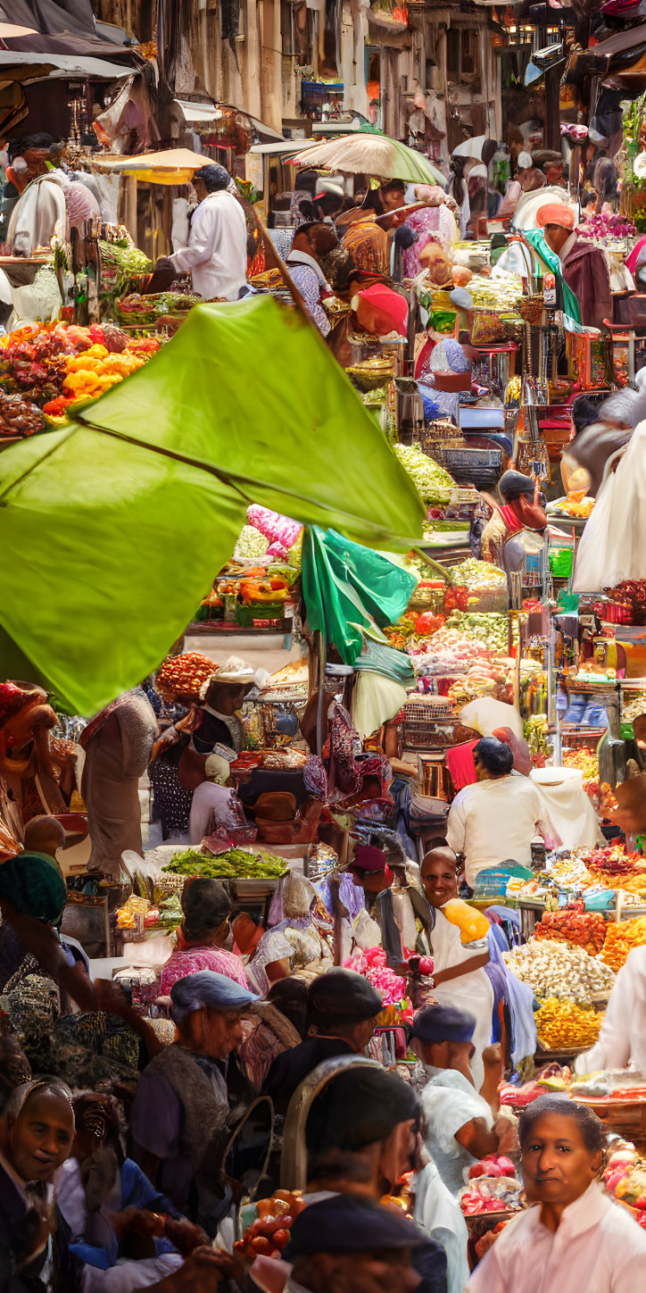 Vibrant street market with colorful fruits under green umbrellas