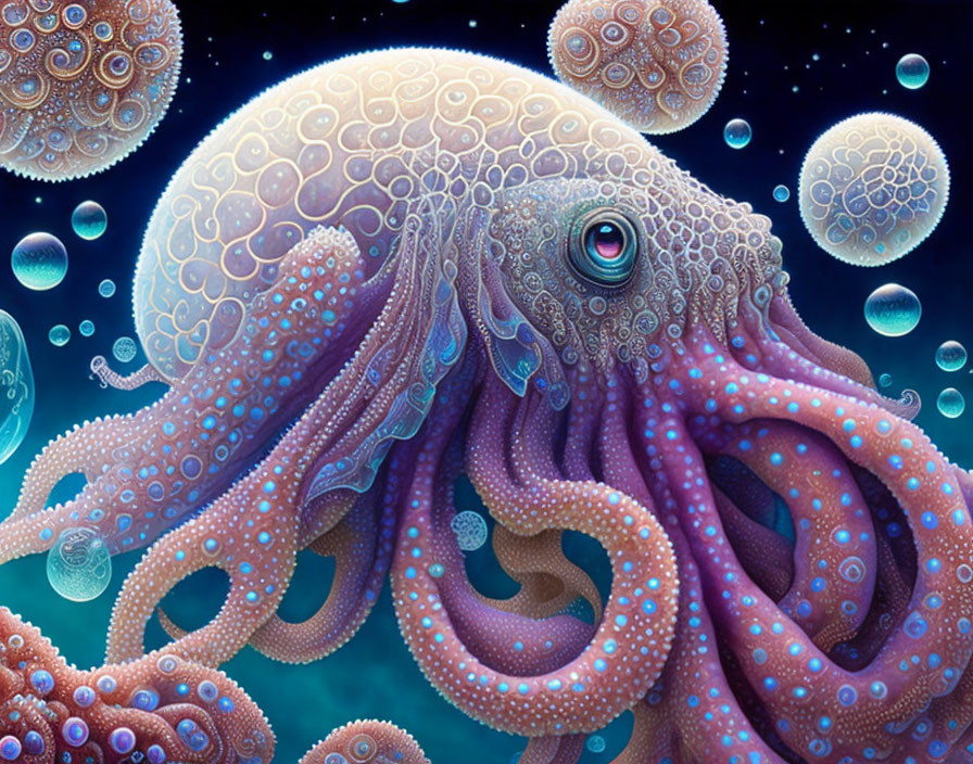 Colorful Octopus Illustration with Intricate Patterns and Marine Background