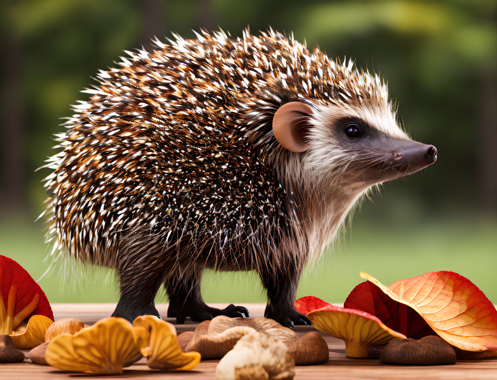 Autumn Hedgehog Surrounded by Leaves and Nuts