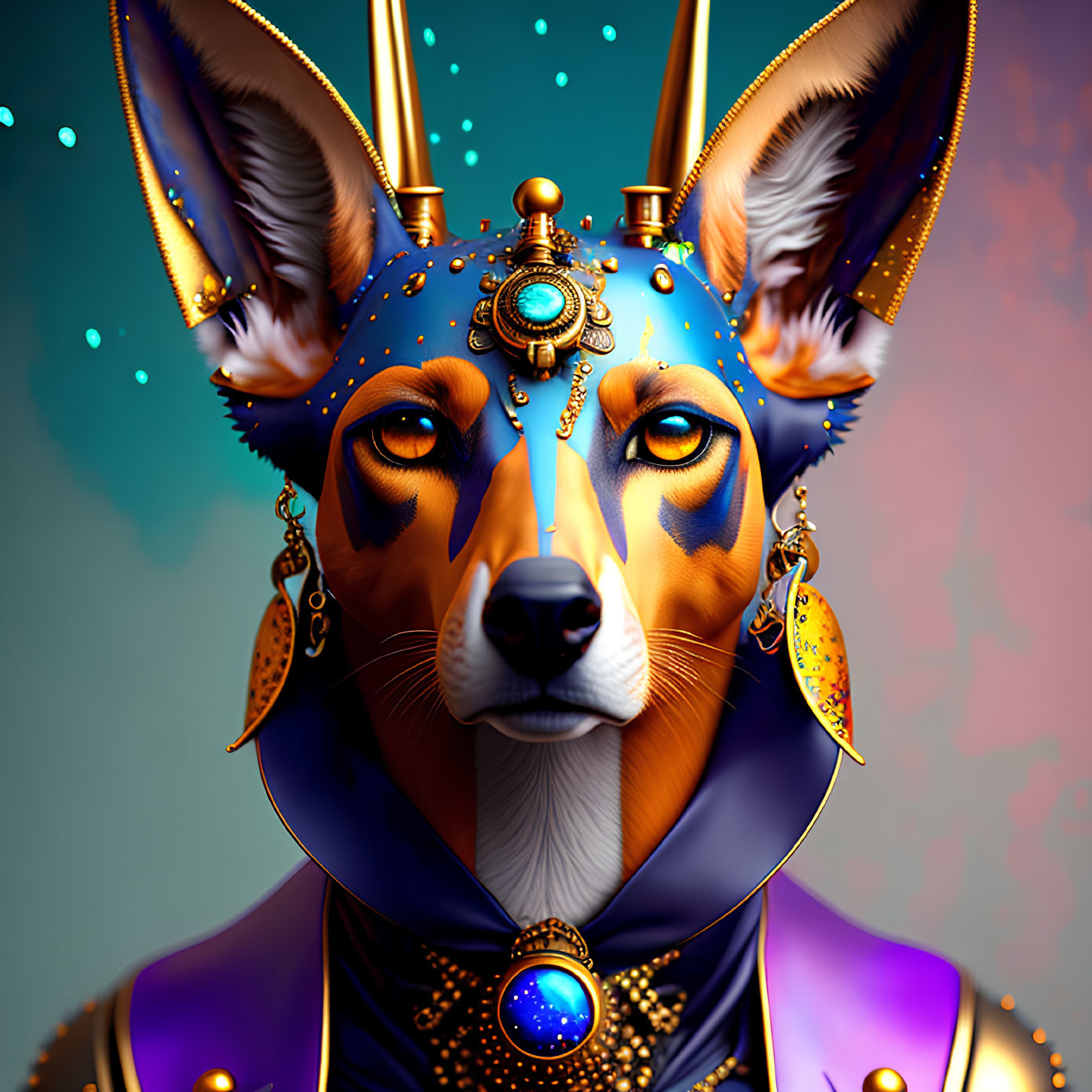 Anthropomorphic Dog Art with Ornate Jewelry and Cosmic Body Art