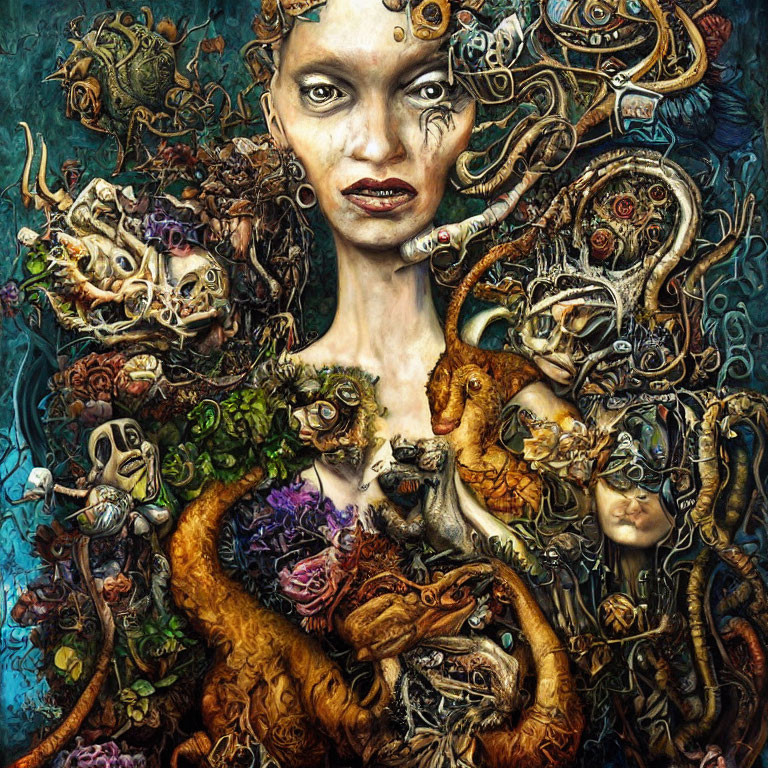 Intricate surreal portrait with female figure and dark motifs