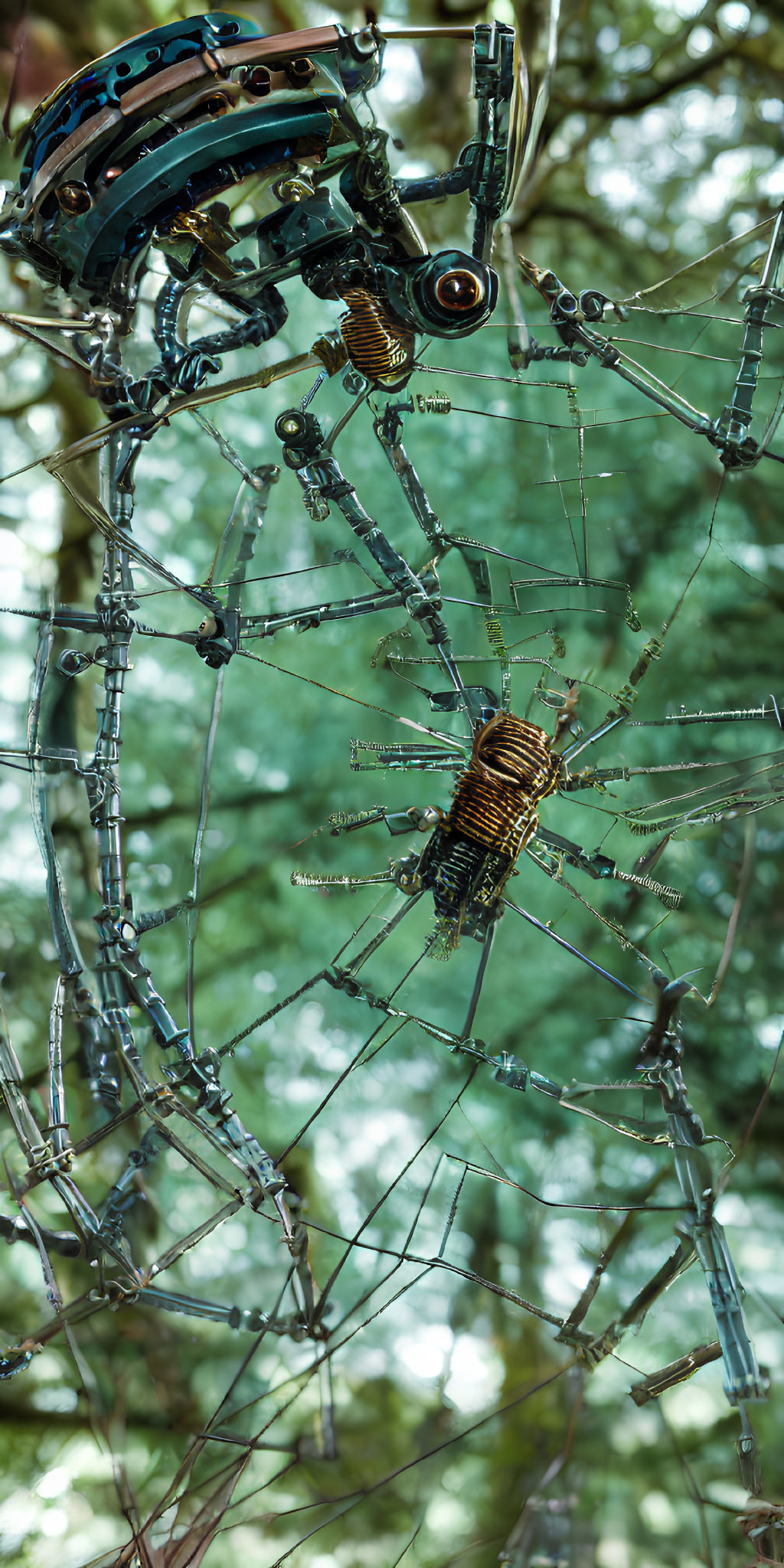 Intricate metalwork spider on web in forest - detailed craftsmanship & industrial aesthetic