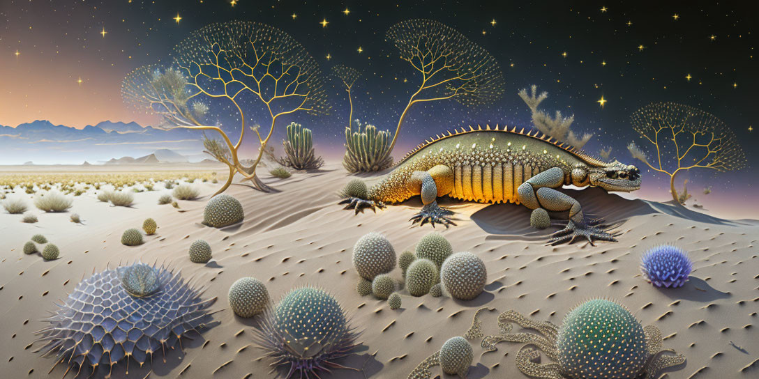 Surreal desert landscape with fantastical lizard at twilight