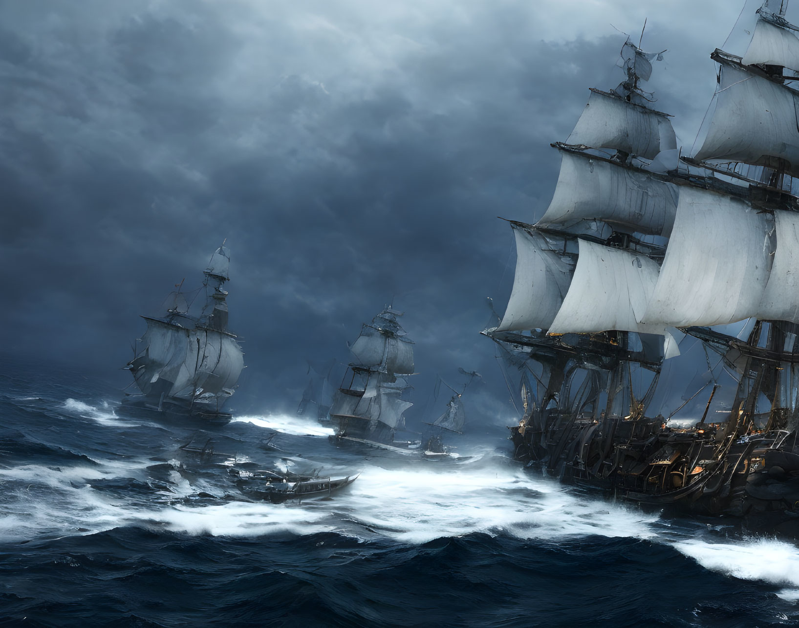 Tall ships with billowing sails on dark blue ocean under stormy sky