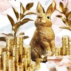 Large anthropomorphic rabbit surrounded by gold coins and towering plants in fantasy setting