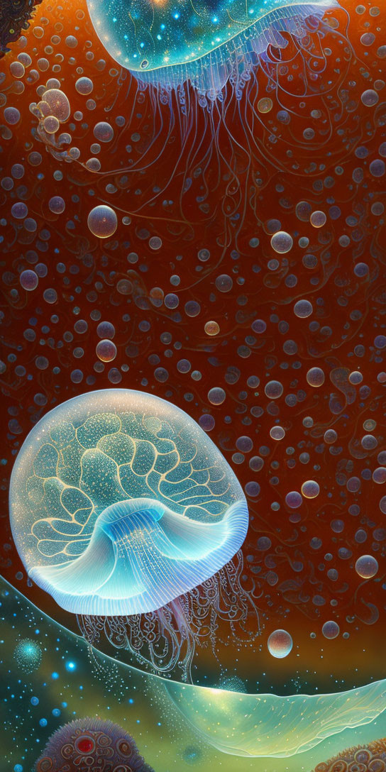 Bioluminescent jellyfish in ethereal underwater scene with gradient