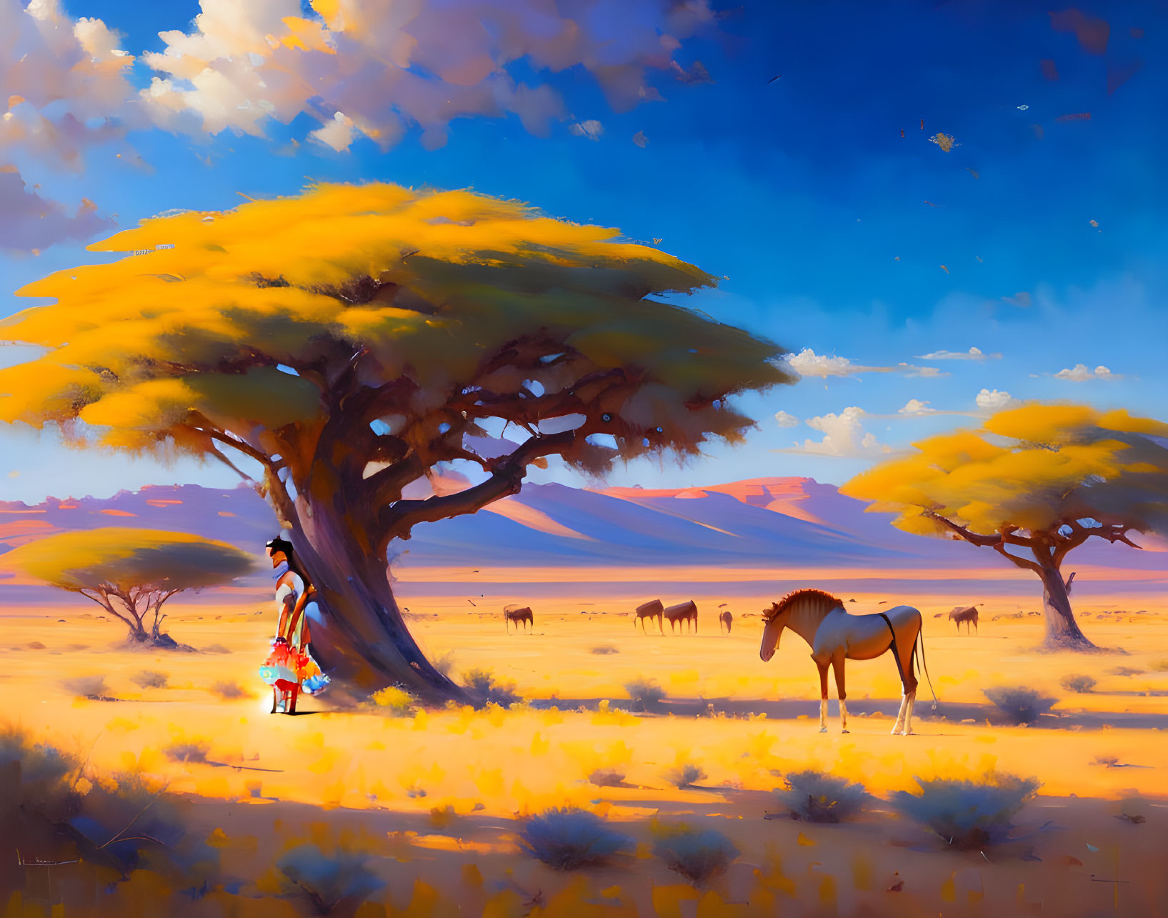 Woman and horse painting in sunlit savanna with grazing animals