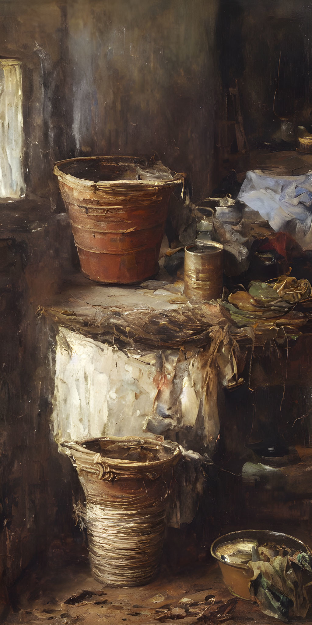 Rustic Still Life Oil Painting with Baskets and Pottery Jar