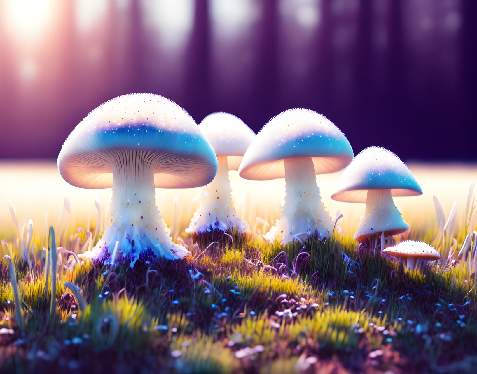 Stylized glowing mushrooms in forest setting at dusk