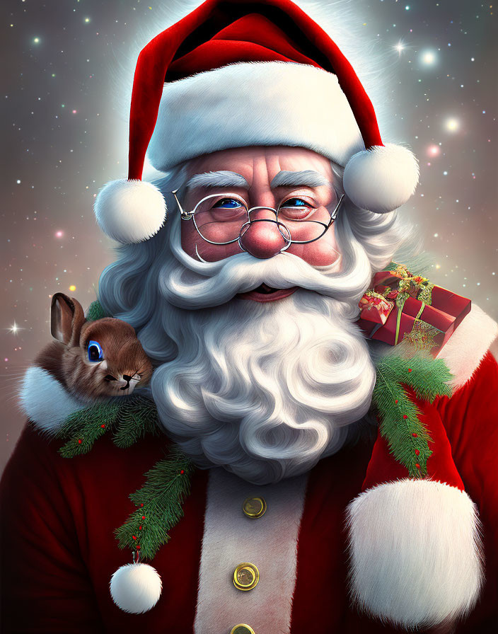 Detailed Santa Claus illustration with red hat, white beard, glasses, holding a gift, with bunny on