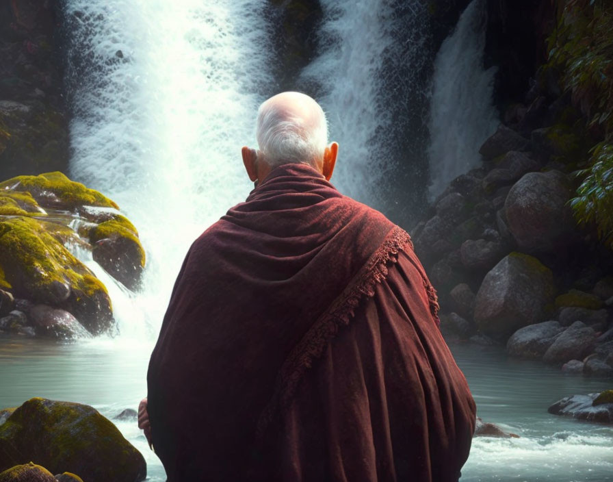 Elderly person in maroon robe gazes at majestic waterfall