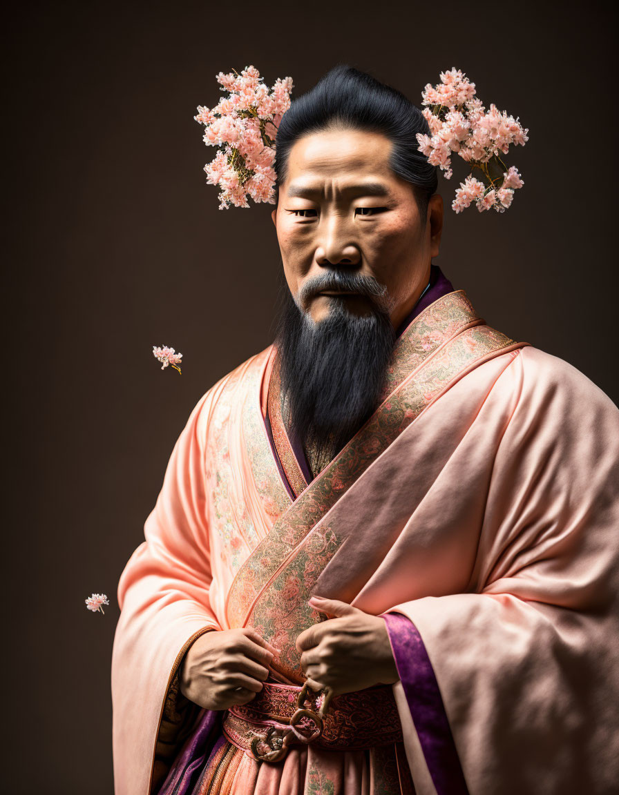 Traditional Eastern attire man with cherry blossoms in hair