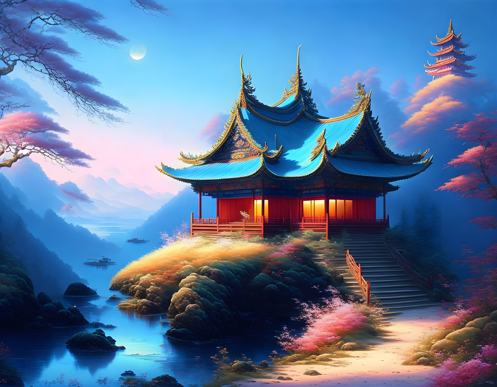 Tranquil East Asian Pagodas in Moonlit Cherry Blossom Landscape